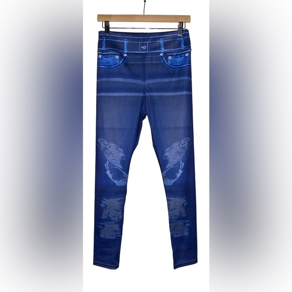 Flamingo Denim Look High Waisted Sports Leggings-Cobalt Size 2XL(14/16) - Picture 1 of 8